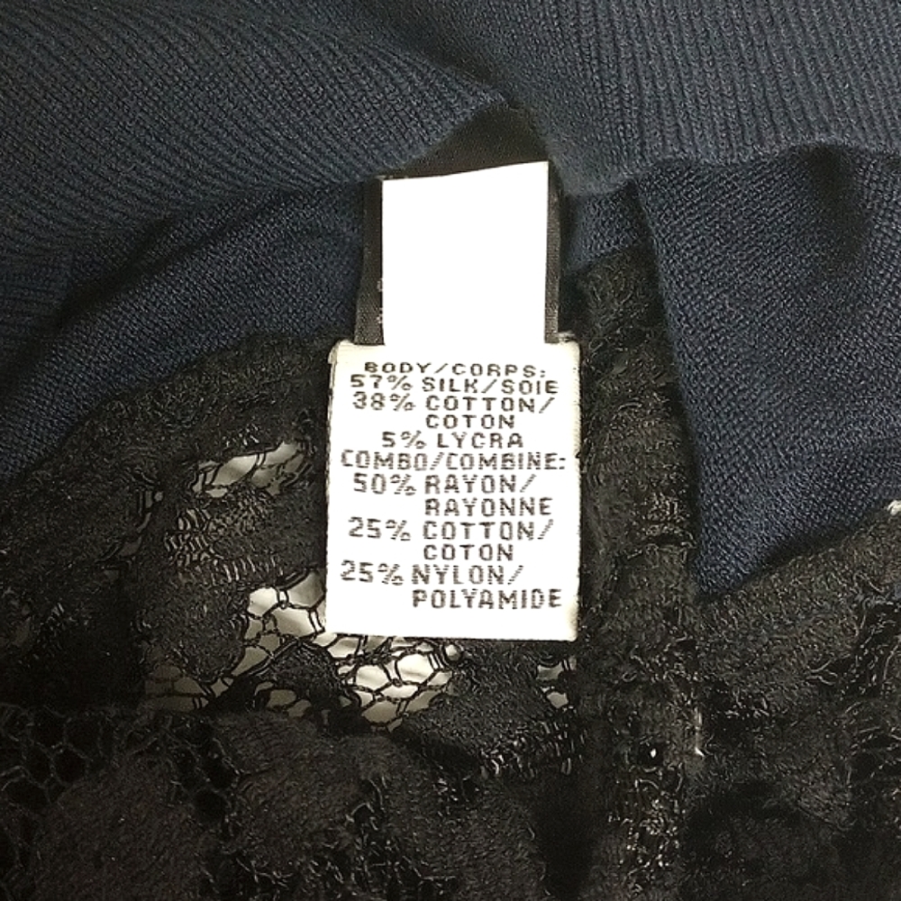 🆕 DIANE VON FURSTENBERG NAVY LONG SLEEVE SWEATER WITH BLACK LACE SLEEVES - Picture 11 of 13